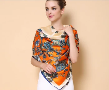 

silk scarf women 2017 spring large square fashion floral print 100% silk scarfs lady red patchwork silk shawls pashminas blue
