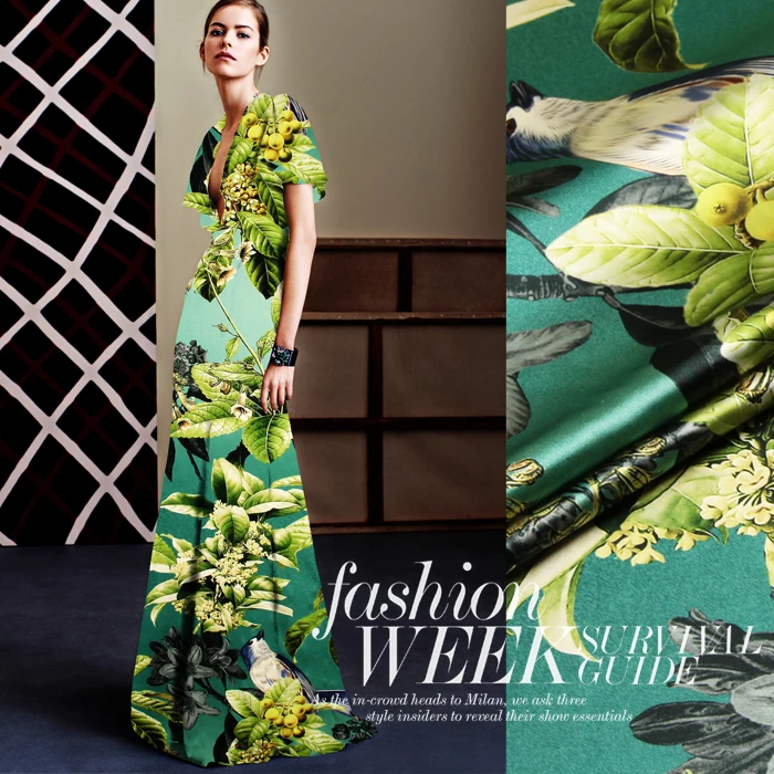 

118cm wide 19mm 93% silk & 7% spandex green big leaves print silk satin fabric for dress shirt clothes D314