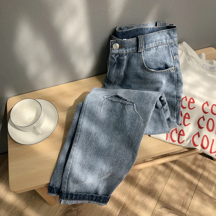 

2019 spring new simple classic straight tube jeans handsome leg pants 8007