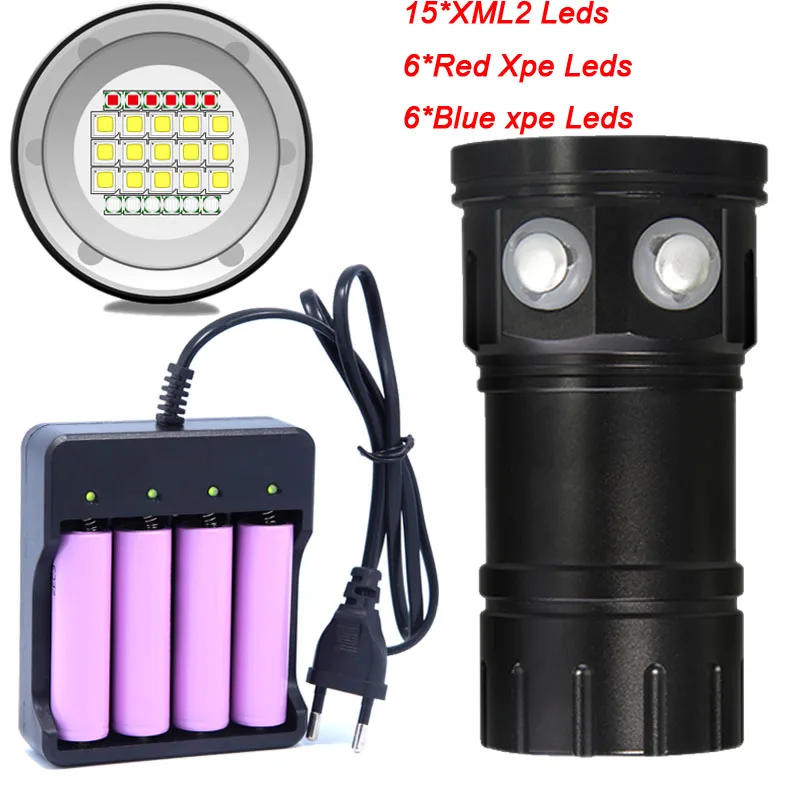 Goedkoop Duiken Zaklamp 18650 Torch Onderwater Fotografie Licht Video Lamp 15*5050 L2 Wit 6 * Rood 6 * Blauw LED Scuba Foto licht Invullen