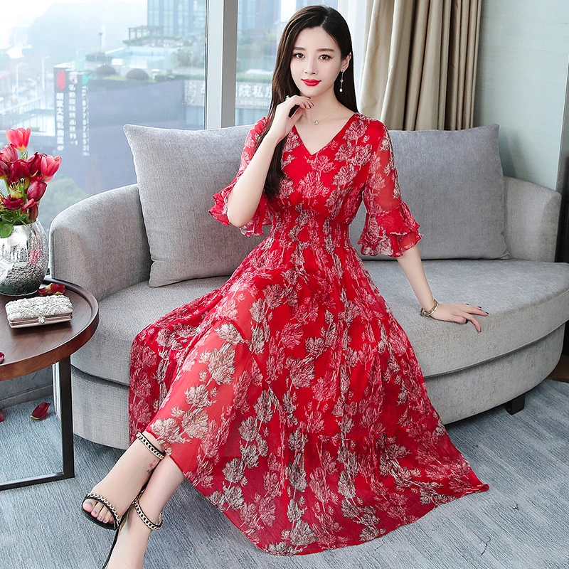 Summer Print Floral Party Red Maxi Women Beach Dress Boho Casual Long Ruffle Elegant Lady Vintage Vestido New Arrivals