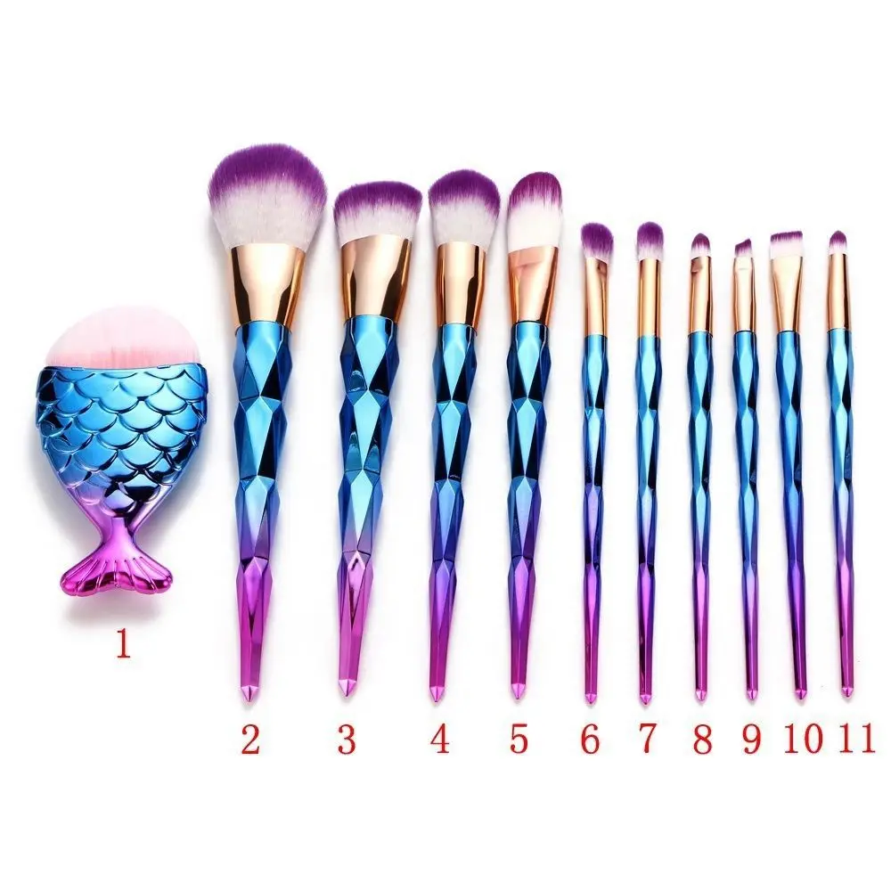 

11Pc Professional Blue Diamond Makeup Brushes Kit Mermaid Fish Tail Foundation Blush Powder Eyeshadow Brushes Kit Beauty Make up