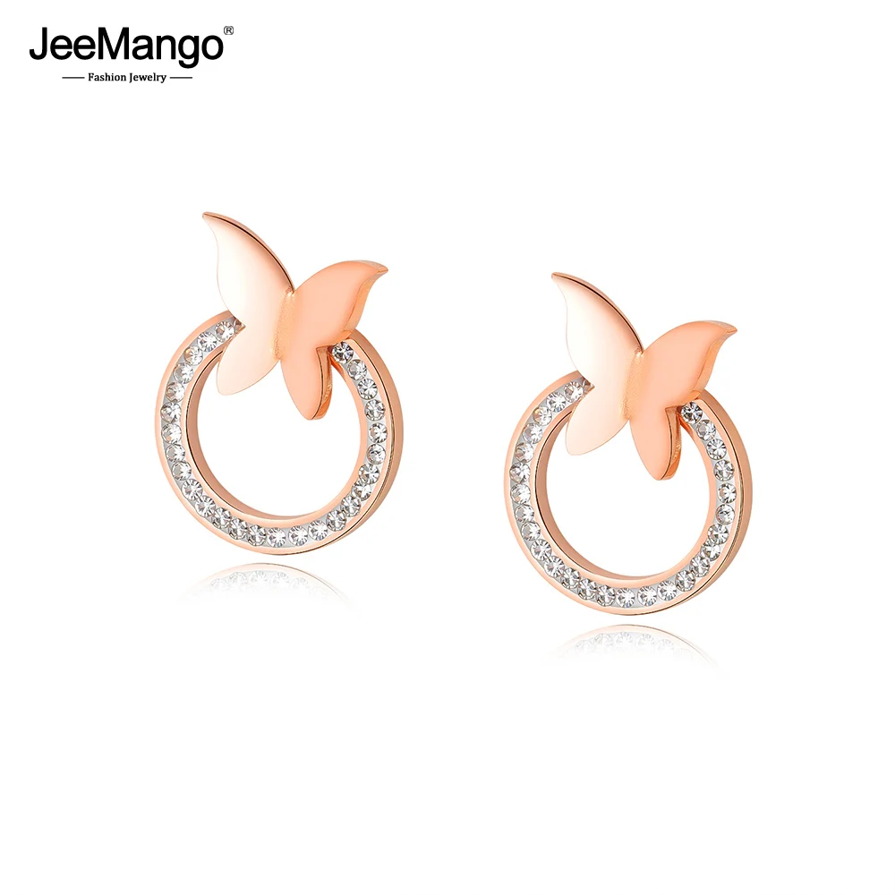 JeeMango Роскошные серьги гвоздики из розового золота с кристаллами и бабочкой