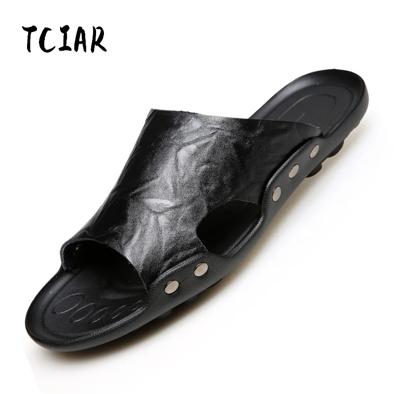 

2018 Summer Slippers Outdoor Men Casual Sandals Beach Shoes Split Leather Non-Slip Flip Flops Mens Flats Big Size 38-48 DR002