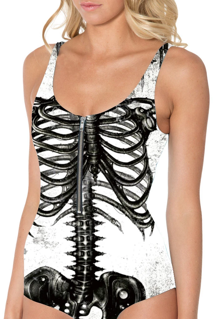 

New S To 3XL 3D Skeleton White Black One Piece Swimwear Plus Size Summer Women Beach Wear Bodycon Suits Zipper
