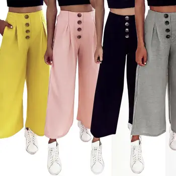 

2019 Women's Wide Leg High Waist Pants Palazzo Summer Autumn Solid Color Ruffles Button Elegant Baggy Casual Trousers