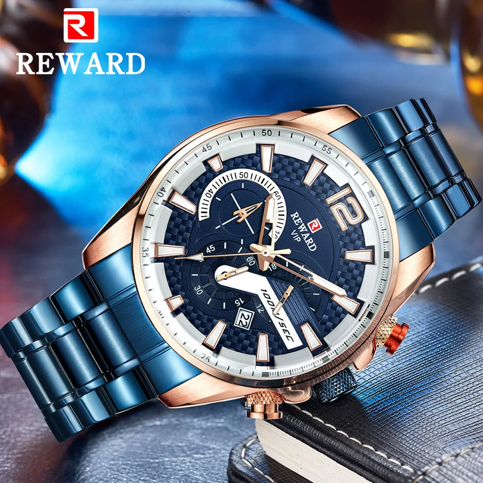 

Reward Watch Men Fashion Sport Quartz Clock Mens Watches Brand Luxury Full Steel Blue Waterproof Watch Relogio Masculino