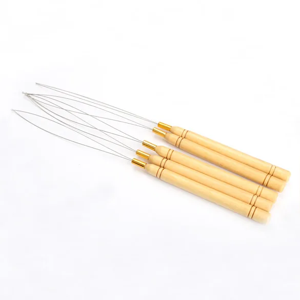 Fashion 5 Pcs Hair Extension Hook Pulling Tool Needle Threader Micro Rings Beads Loop Wooden Handle With Iron Wire Hotting