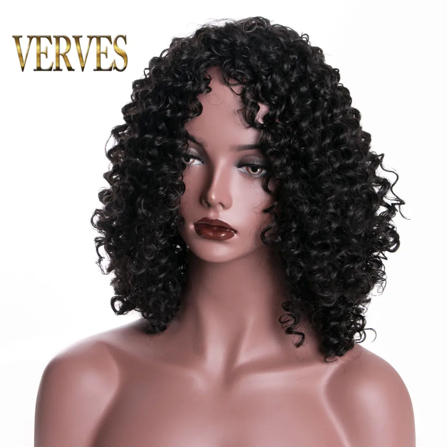 

VERVES Curly Synthetic Wigs For Women Medium Length Wig 16 inch thick Natural Black Hair Cosplay wigs with hairnet