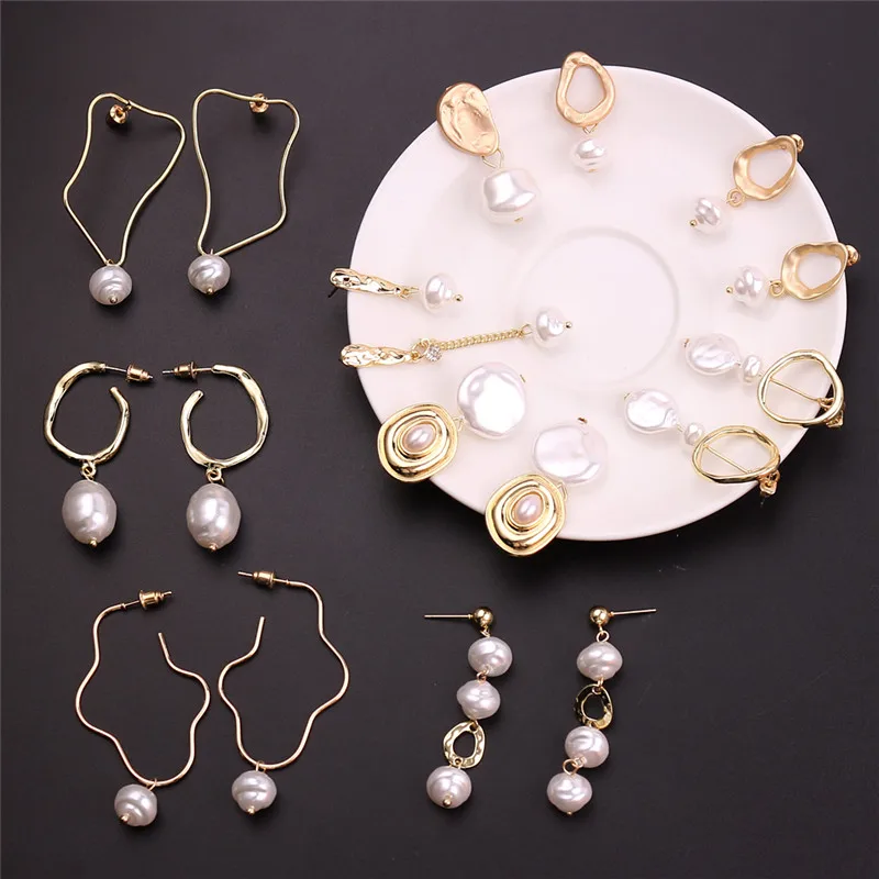 

New Geometric 10 Design Pearl Long Drop Earrings For Women Brincos DIY Dangle Earring Female Jewelry Drop Shipping Wholesale