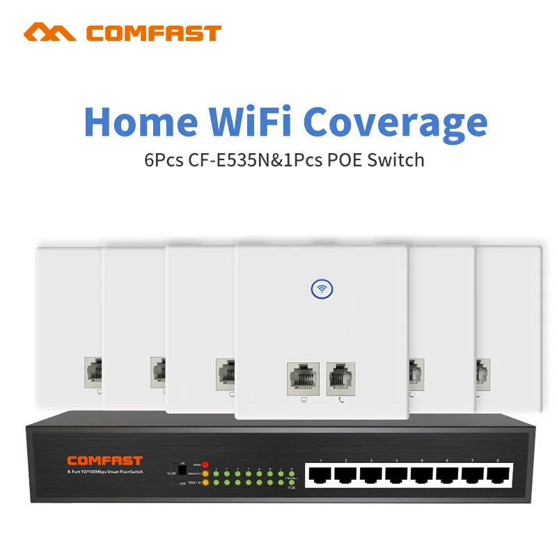 

DHL Comfast For Home Wifi Coverage 6pcs Wall Embedded 86 Panel RJ11 RJ45 Wireless AP Router with 1 8 ports 10/100Mbp Poe Switch