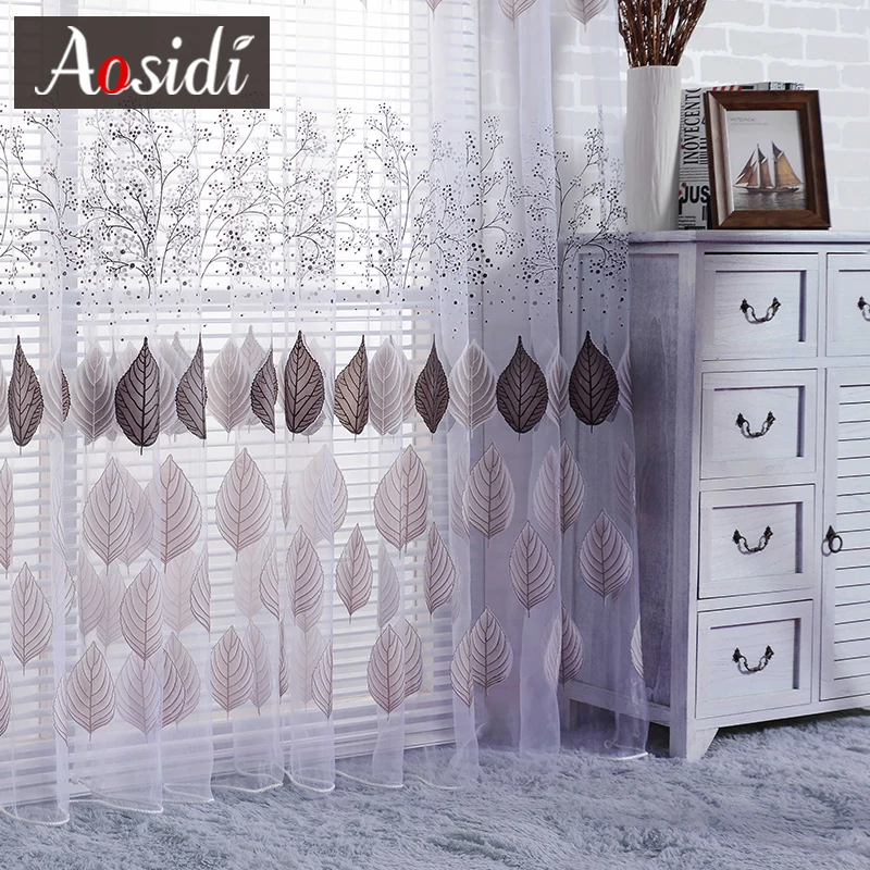 

Green leaves tulle window curtains for living room bedroom Brown sheer curtains for kitchen curtain leaves fabric blinds drapes