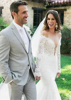 

Lace Vestido De Noiva Elegant Muslim Wedding Dresses Mermaid V-neck Long Sleeves Boho Backless Dubai Arabic Wedding Gown Bridal