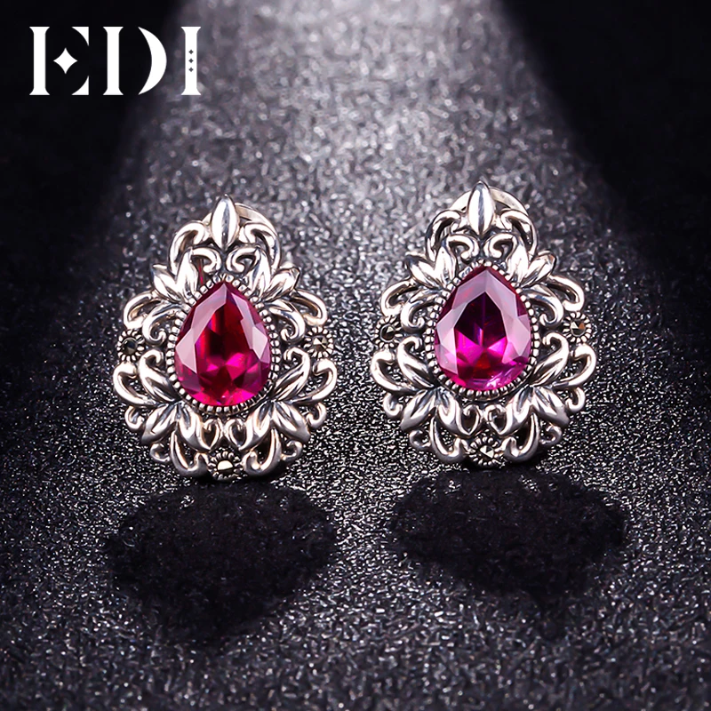 EDI Retro 925 Sterling Silver Flowers Inlaid Corundum Clip Earrings Vintage Authentic Sterling Silver Fine Jewelry for Women