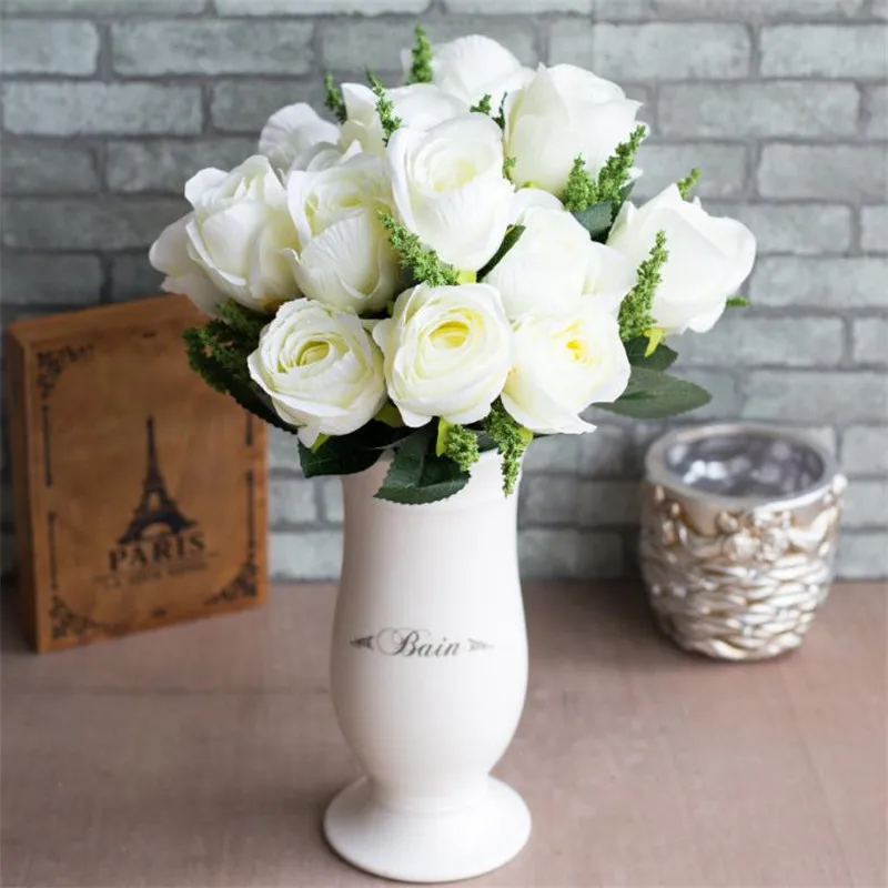 6Pcs Fake Rose Bunch (7 heads/piece) Simulation Roses with Green Leaf