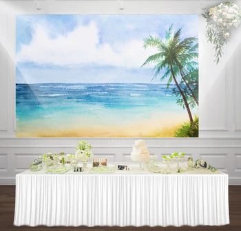 

HUAYI Sea Beach waterfolor photography seaside with coconut tree backdrop background for Floral Wedding Birthday Party fh-1016