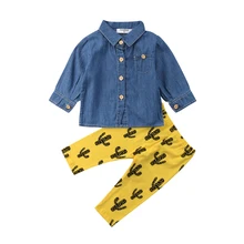 2 шт./компл., повседневная детская одежда для маленьких мальчиков и девочек синие джинсовые рубашки с длинными рукавами Топы, брюки с принтом кактуса весенне-осенняя одежда для малышей