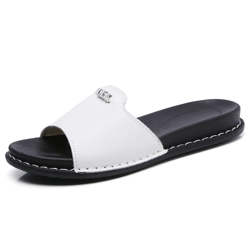 BeckyWalk Summer Women Slippers Flat Sandals Beach Shoes Women Flip Flops Genuine Leather Slides Flat Mules Ladies Shoes WSH2846