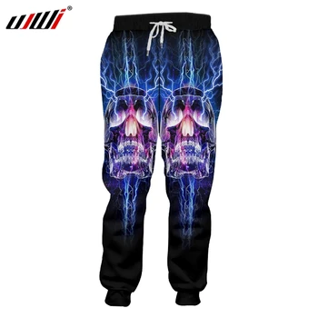 

UJWI Spring Fall Casual Sweat Pants Mens Print Flash Light Skull 3d Sweatpants Man Full Length Elastic Waist Harem Joggers Pants