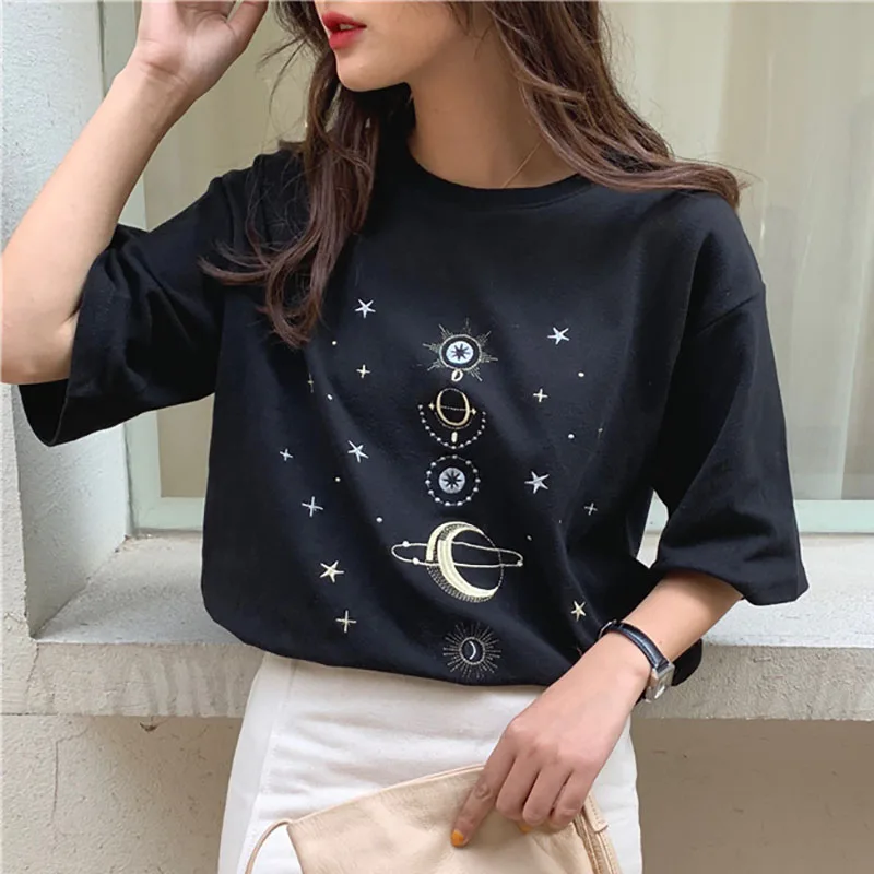 Harajuku/футболка с принтом Солнца и Луны, звезд, с вышивкой, для школьниц, летний черно-белый топ с коротким рукавом, Ulzzang, свободная женская футболка