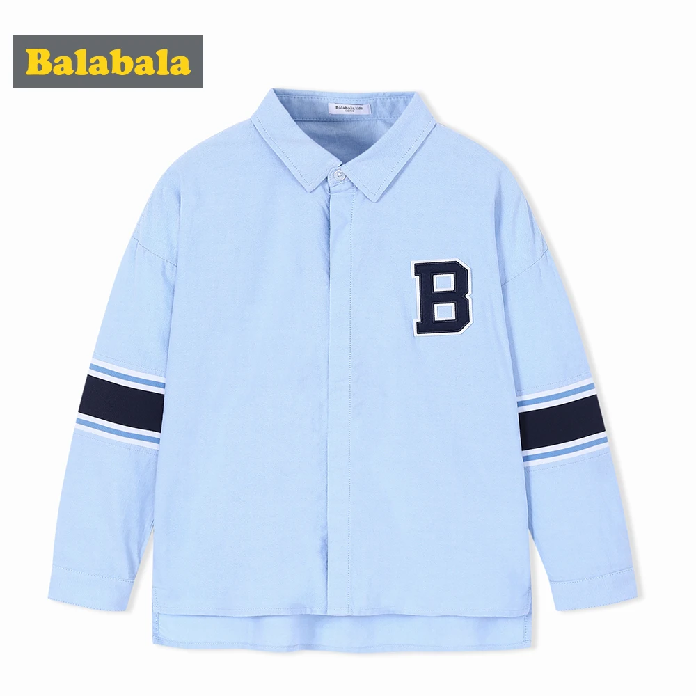 

Balabala Boys 100% Cotton Embroidered Shirt with Turn-down Collar Teenage Boy Shirt Contrasted Ribbing at Sleeve Longer at Back