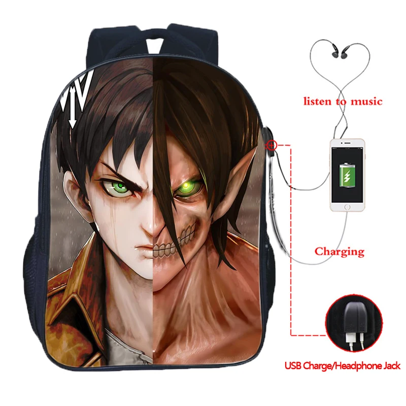 

Attack On Titan Eren Split USB Charge Backpack School Bags Fashion Students Schoolbag Beautiful Teens Boys Girls Rucksack