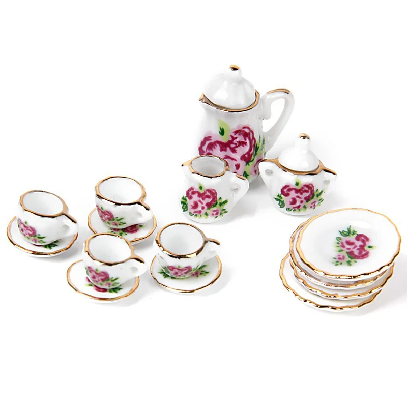 15 pieces Porcelain tea set Dollhouse miniature foods Chinese rose dishes cup