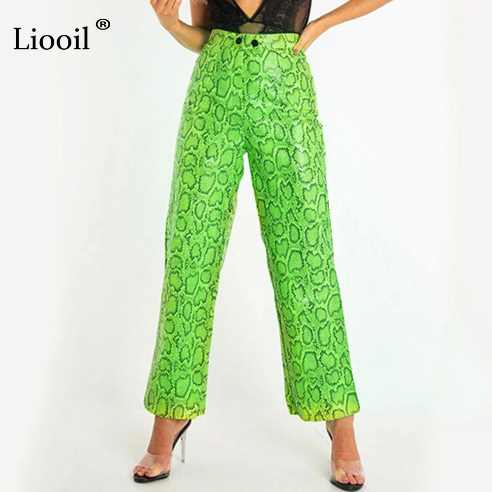 

Liooil Neon Green Snake Print 2019 Fall Winter Women Trousers Straight Pants Autumn Fashion High Waist Bottoms Sexy Long Pant