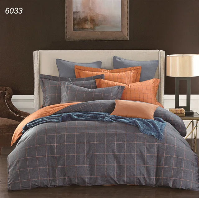 Plaids Bedding Sets Blue Grey Orange Duvet Cover Sheet Pillowcases Plaids Bedding Sets Blue Grey Orange Duvet Cover Sheet Pillowcases Pure Cotton Bed Linens Brief Hometextiles