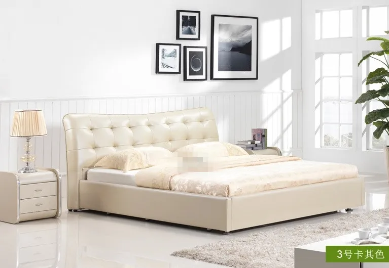 

contemporary King size Queen genuine leather bed modern China simple bedroom furniture