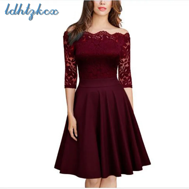 

Lace Dress Women Black Plus Size Mini Dresses 2018 Autumn Europe America Streetwear Slash Neck Pullover Wine Red Vestidos LD68