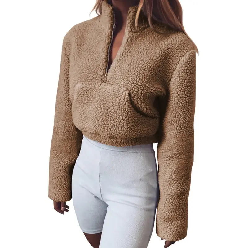 

MoneRffi Fashion Women Winter Fluffy Turtleneck Crop Top Pullover Zipper Collar Warm Faux Fur Jumper Loose Oversize Sweatshirt