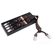 Для мужчин кожаные 6 клипы коричневый клетчатые подтяжки 3,5 см Ширина подтяжки/Suspensorio для мужчин регулируемые ремни пояса tirantes Hombre