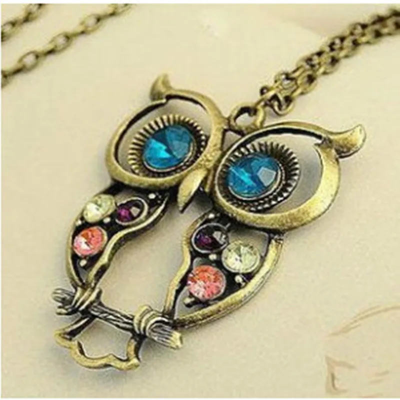 

Hot Sale Vintage Crystal Owl Pendant Necklace Collier Bijoux Retro Gold Chain Rhinestone Animal Necklace Women 0069