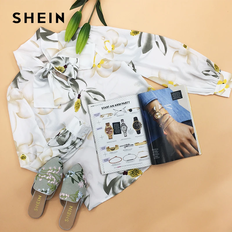 SHEIN Цветочный Топ С Длинным Рукавом Женские Современные Элегантные Блузки С Длинным Рукавом С V-образным Вырезом