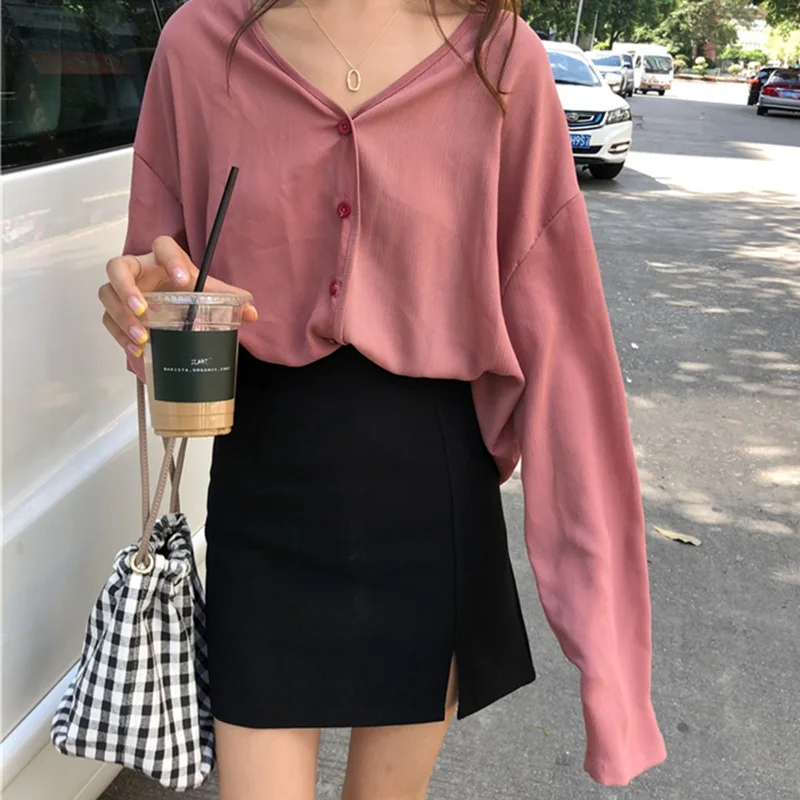 

Women Fashion Solid Long Sleeve V Neck Blouses Shirts Women Chic Autumn Casual Chiffon Blouses Female Loose Tops
