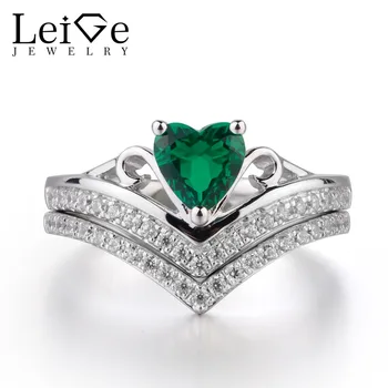 

LeiGe Jewelry Emerald Wedding Rings Heart Shape Green Gemstone Rings May Birthstone Solid 925 Sterling Silver Engagement Rings