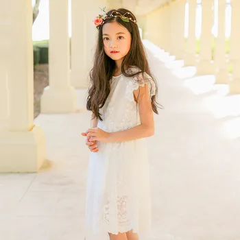

Summer New Girls Princess White Lace Dress Children Wedding Party Vacation Clothing Flying Sleeves Kids Girl Lovely Dresses E52