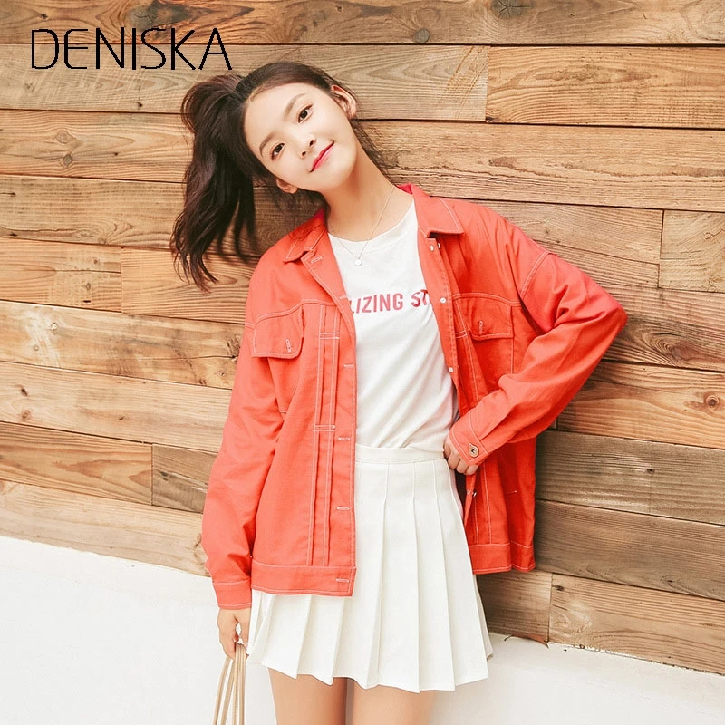 Дениска 2018 Boyfriend Denim куртка осень женские куртки и пальто красный желтый с