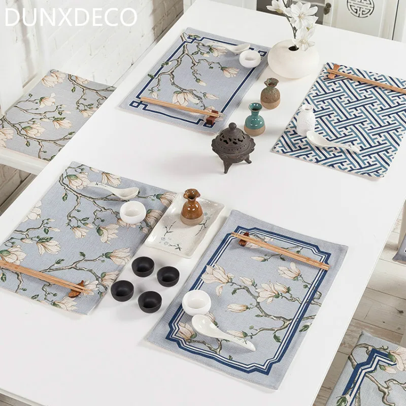 

DUNXDECO 2PCS 28X44CM Elegant Chinese Palace Garden Style Blue Orchid Fabric Table Placemat Party Decorative Table Cover Photo