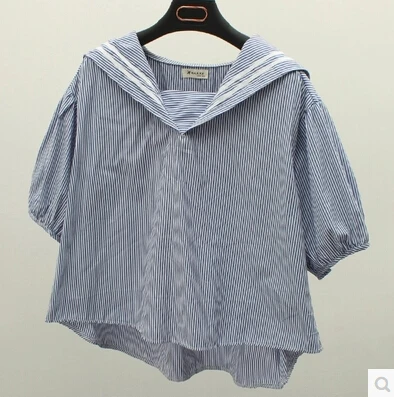 2015 summer new navy wind lapel loose short-sleeved striped shawl shirt Wawa Shan | Женская одежда