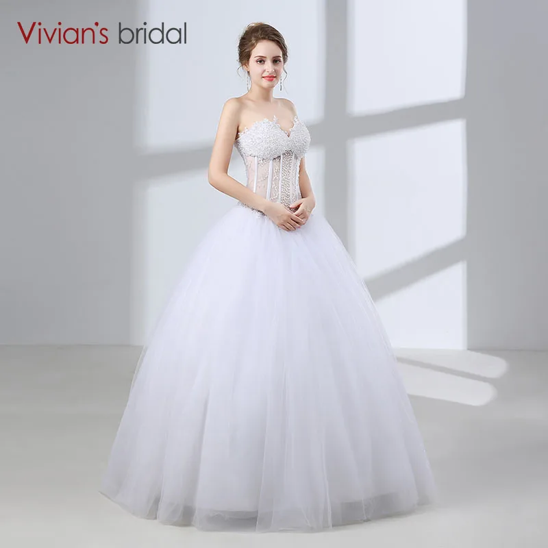 Милое бальное платье свадебное без рукавов Vivian's Bridal с жемчугом и блестками