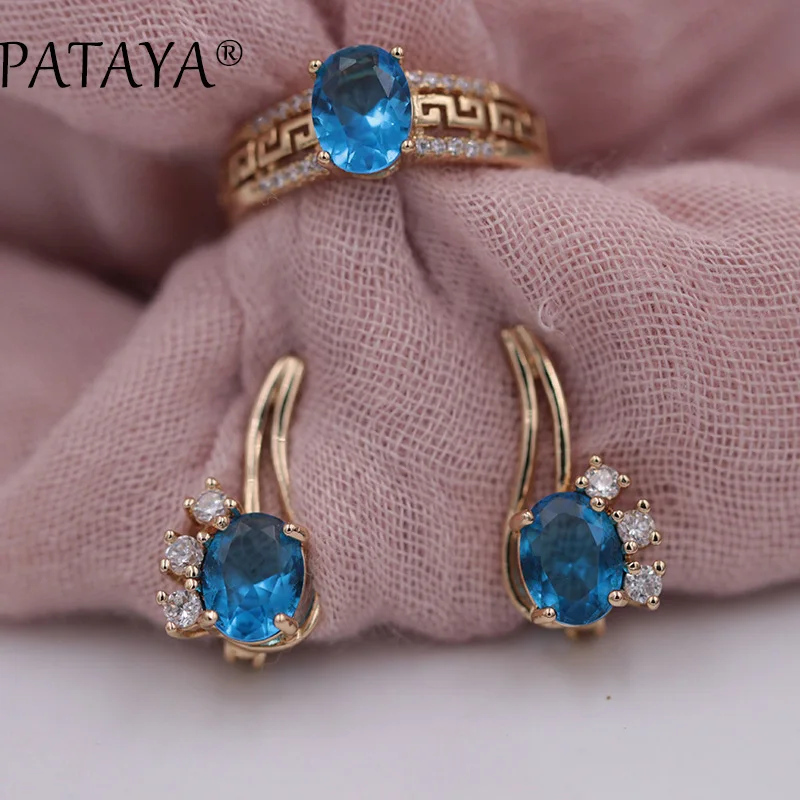 

PATAYA New Arrivals 585 Rose Gold Hollow Jewelry Oval Blue Natural Zirconia Earrings Ring Set Exclusive Women Party Jewelry Sets