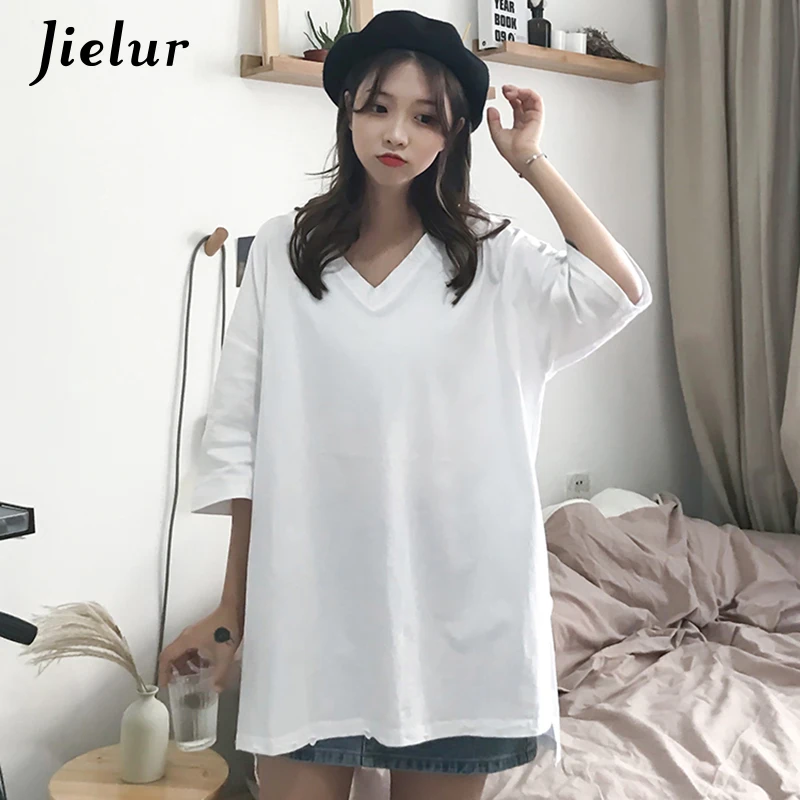 Jielur Однотонная футболка Femme v-образный вырез корейский стиль свободные женские