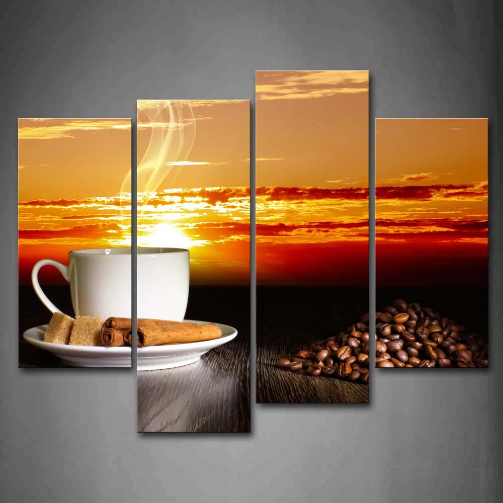 

Framed Wall Art Pictures Coffee Cup Coffee Bean Canvas Print Food Posters With Wooden Frames For Home Living Room Decor