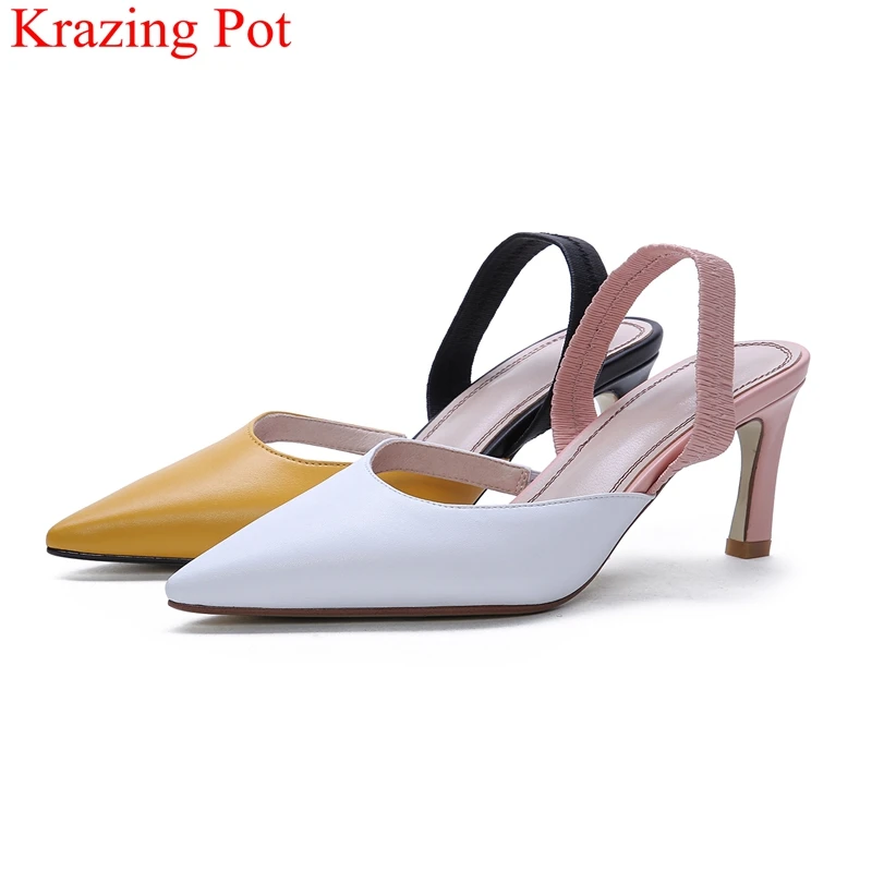 

superstar genuine leather pointed toe high heels shallow women sandals sweet slingback mixed colors office lady summer shoes L13