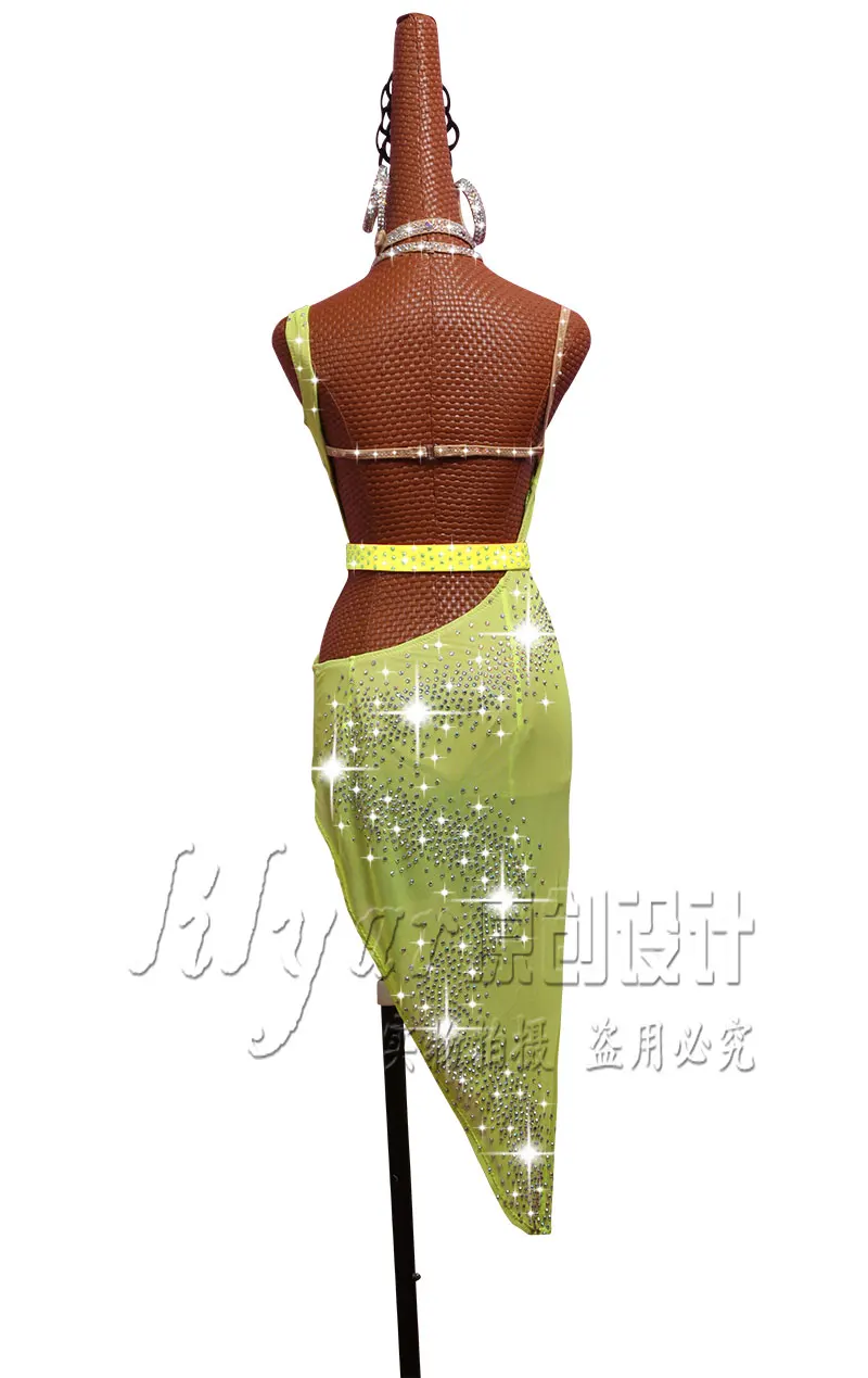 Конкурс латиноамериканских танцев костюм для сальсы Sasa юбка флуоресцентный желто-зеленый всего тела воды алмаз блестящий