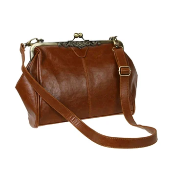 

Retro Vintage Kiss Lock Imitation Leather Shoulder Purse Handbag Totes Bag Satchel-Dark Brown