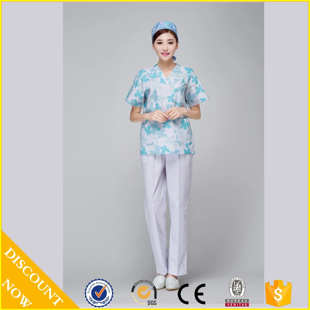 2015 OEM scrub sets short sleeve blue printing flowers hospital uniform