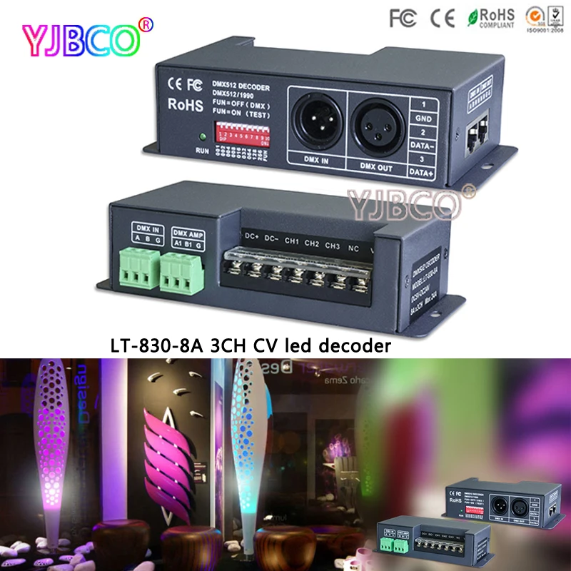 

LT-830-8A DMX-PWM CV RGB Controller Dimmer Drive 3CH 8A RDM DMX512 signal LED Decoder For LED Strip light lamps DC5V-24V